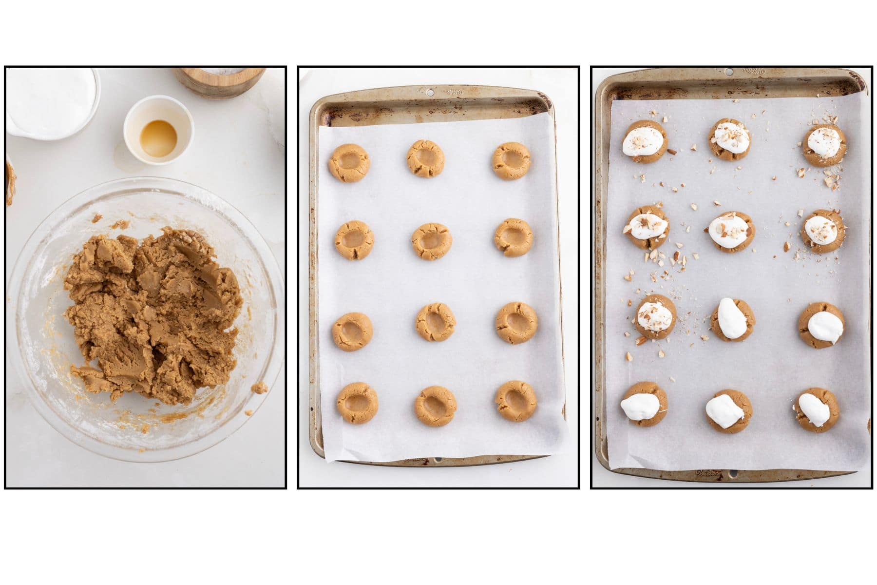 Three-panel image showing cookie dough in a bowl, dough balls on a baking sheet, and cookies topped with marshmallows and nuts on another baking sheet, all on parchment paper.