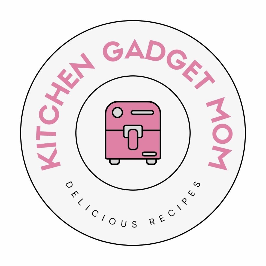 Circular logo with “Kitchen Gadget Mom” in pink, “Delicious Recipes” at the bottom, and an illustration of a pink kitchen appliance, possibly an air fryer, in the center.