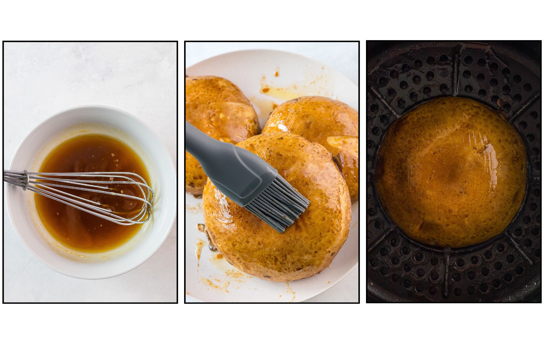 Three images: a whisk in a bowl of glaze, a brush applying glaze to buns, and a glazed bun in an air fryer basket.