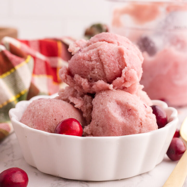 A white bowl filled with three scoops of pink ice cream or sorbet, garnished with fresh cranberries, with a jar and plaid cloth in the background.